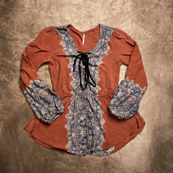 Free People Wildest Moments Lace Up Smock Top Peasant Blouse Cinch Waist Boho - Picture 1 of 6